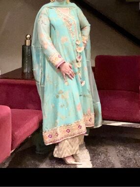 Embellished Light Teal Long-Sleeve Women's Dress